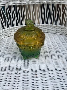 Vintage Jeannette Glass Company lidded candy dish  "Grapes & Vines”